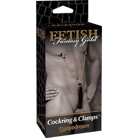 Эрекционное кольцо с зажимами на соски "Fetish Gold" металл