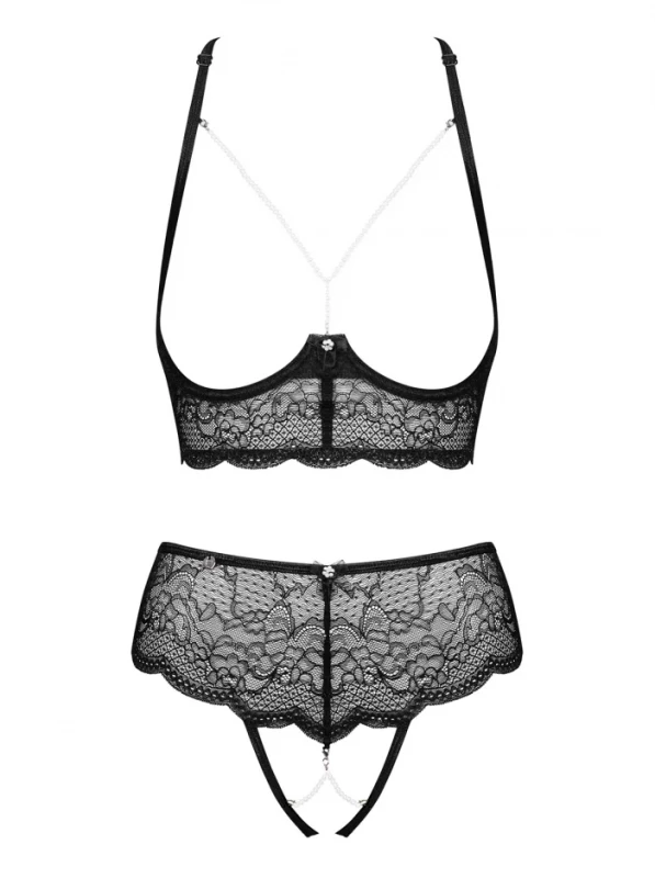 Комплект с жемчугом "Obsessive Pearlove Set" открытый лиф и трусики с доступом, черный, L/XL