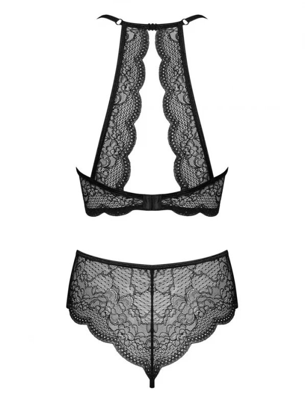 Комплект с жемчугом "Obsessive Pearlove Set" открытый лиф и трусики с доступом, черный, L/XL