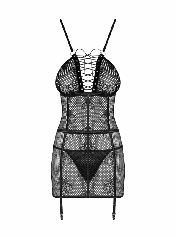 Пеньюар с пажами для чулок "Obsessive Basitta" черный, L/XL