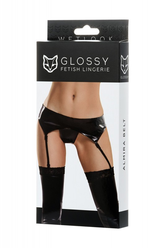 Пояс для чулок и трусики-стринги "Glossy" черный, "под винил", S