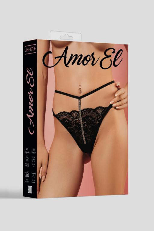 Трусики-стринги с двойным пояском и кристаллами "Amor El" черные, M
