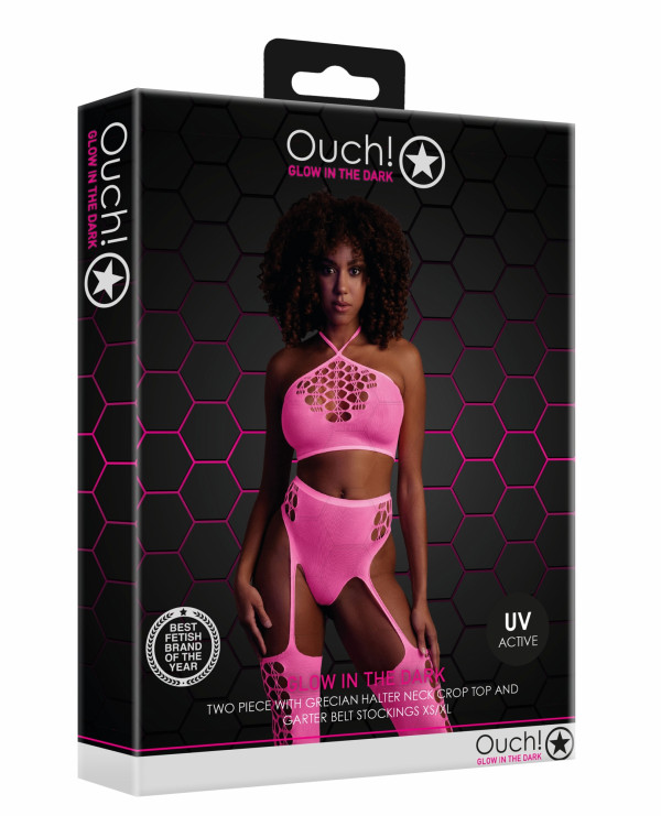 Трусики с чулками + топ "Ouch Glow In The Dark" розовый неон, XS/XL